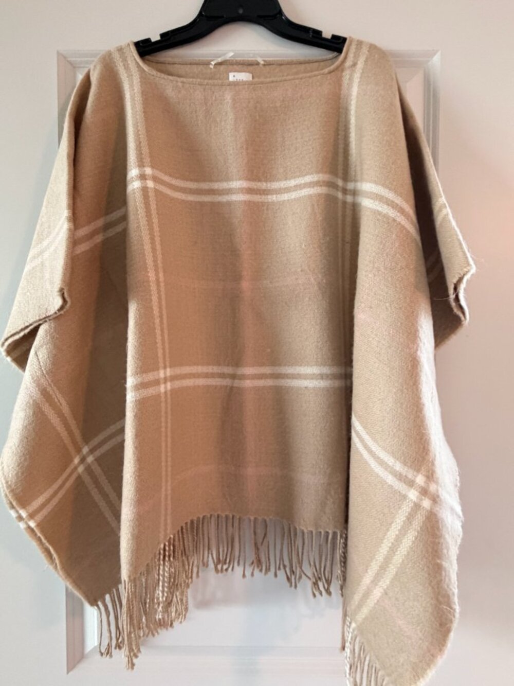 a new day camel plaid pullover pancho with fringe trim